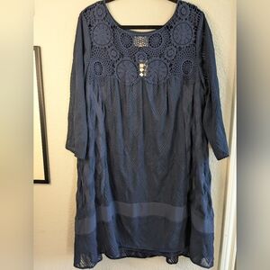NWT Anthropologie Holding Horses Midi Shift Dress XL Blue Crochet Embroidery